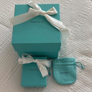 Tiffany & Co. Turquoise Boxes with White Ribbon and suede jewelry bag